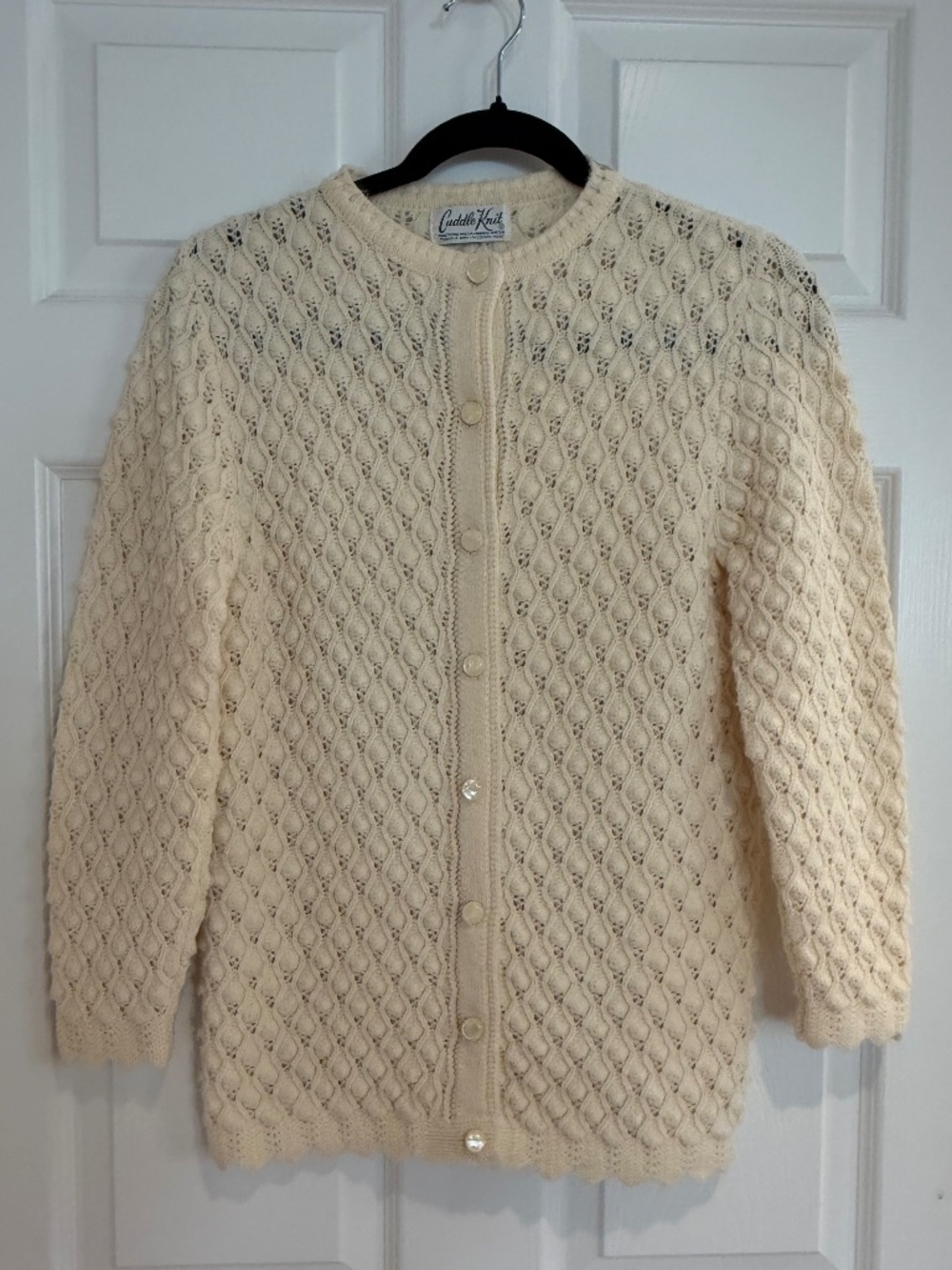 VTG Cuddle Knit Cream White Popcorn Bobble Stitch Cardigan Sweater Small